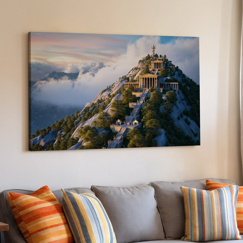 Toile, art majestueux d'un temple antique situé sur un rocher escarpé, montagne baignée de soleil doré chaleureux