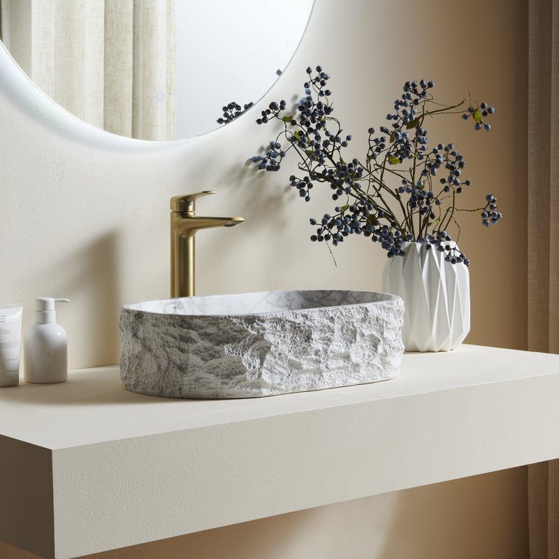 Lavabo de salle de bain ALIA 20, vasque ovale irrégulière en résine à motif pierre, style artistique, sans robinetterie, couleur ivoire
