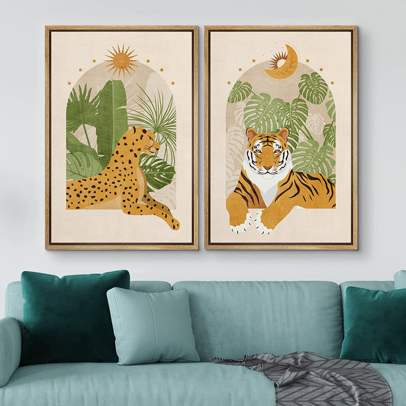 Tigre du Bengale indien, jungle tropicale de Monstera, nature sauvage - ensemble de 2 impressions sur toile flottante