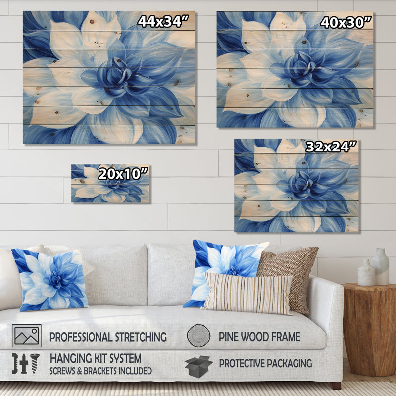 Velours bleu fleurs de cactus I - décoration murale traditionnelle en bois sur bois de pin naturel