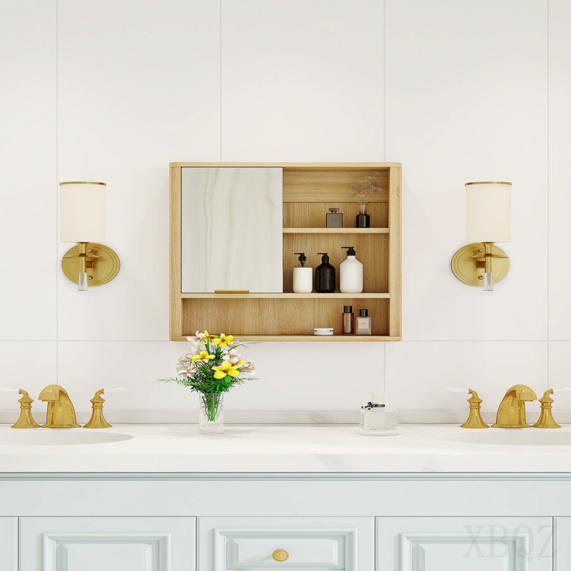 Natural Wood Finish Wall Mounted Mirror Cabinet, Mdf Bathroom Storage Organizer With Open Shelves & Single Door For Bathroom, Vanity, Laundry Room