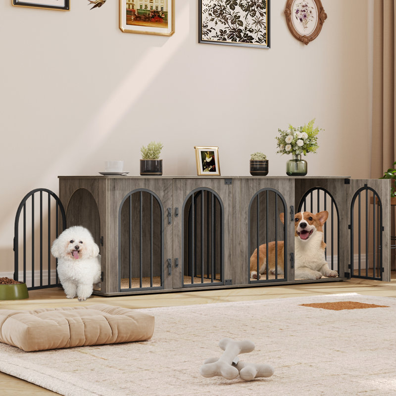 63" Dog Crate Furniture for 2 Dogs,XL Wooden Dog Cage with Divider & Cushion for Medium Large Dogs, Greige