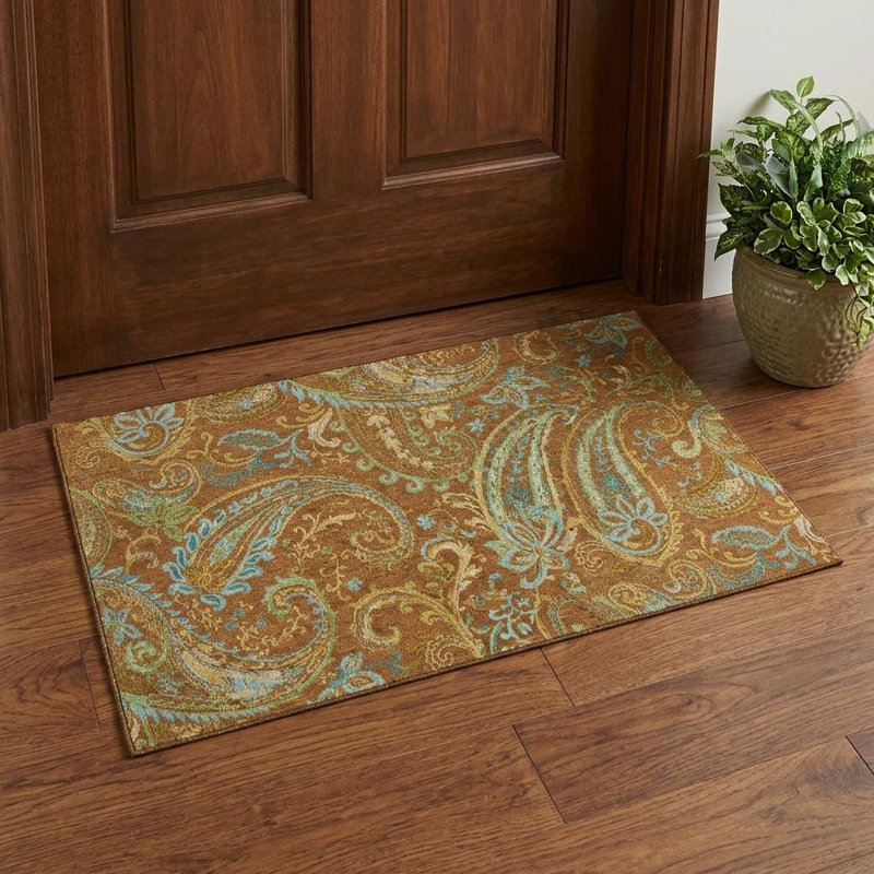 3' X 5' Rust Blue And Green Paisley Washable Area Rug With UV Protection