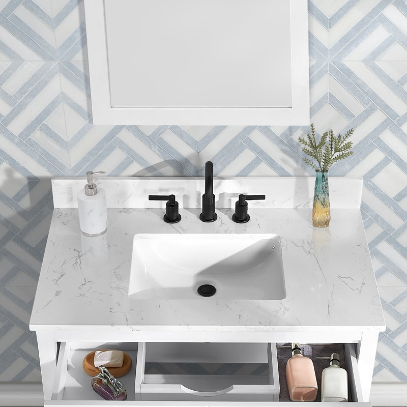 Encino 36" Single Vanity with Carrara White Quartz Top, Sink & Backsplash, Pre Assembled, 37"