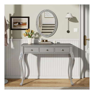 Meuble-lavabo de luxe avec miroir ovale, 3 tiroirs et sculptures complexes 