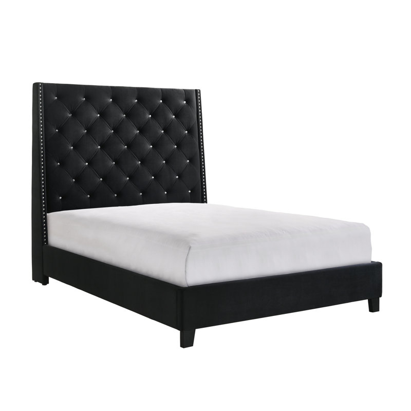 Lit très grand contemporain à finition noire avec tête de lit tapissier et capitonnage à boutons, lattes et pieds de soutien
