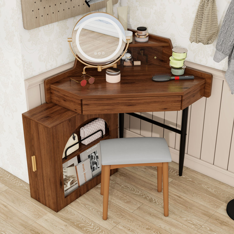 Makeup Vanity Desk With Stool, Mirror, Lights, Stool and Drawer, Walnut