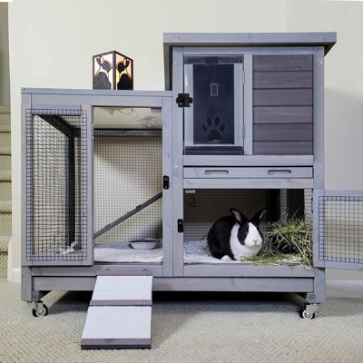 Large Rabbit Hutch with Removable Wire Netting, 2 Deep Trays, 4 Wheels, Sliding Door, and Extra Access Door
