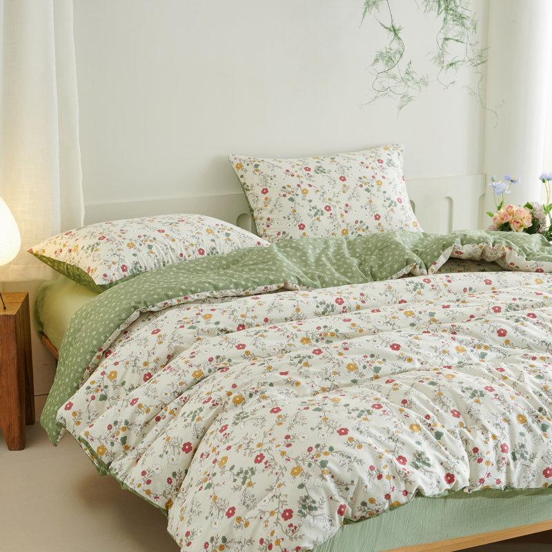 Bedding Set  Floral Comforter Set Printed Green Plants Colorful Flowers Comforter Soft Lightweight Cute