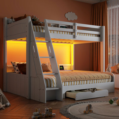 Lit simple superposé simple avec tablettes de rangement, DEL, station de charge et tiroir, blanc, lit pour enfant peu encombrant