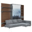 Lit escamotable une place avec canapé, armoire de rangement, étagères ouvertes, port de chargement USB et panneau paysage de montagne, lit mural gain de place-639334214