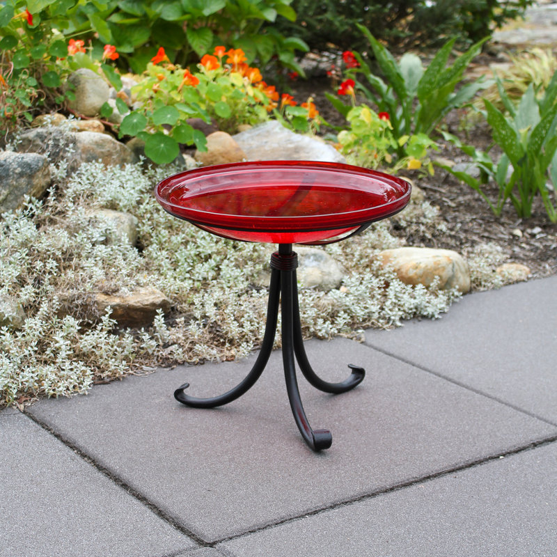 14" Red Crackle Glass Birdbath with Wrought Iron Tripod Stand