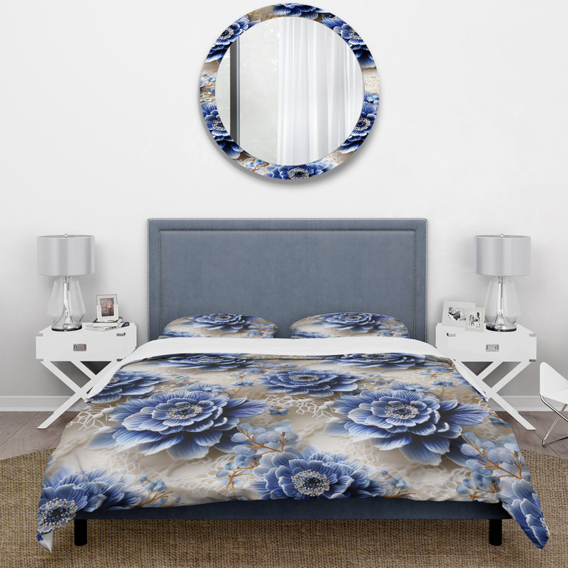 Ensemble de housse de couette Cobalt Blue Lace Medallions Victorian Pattern