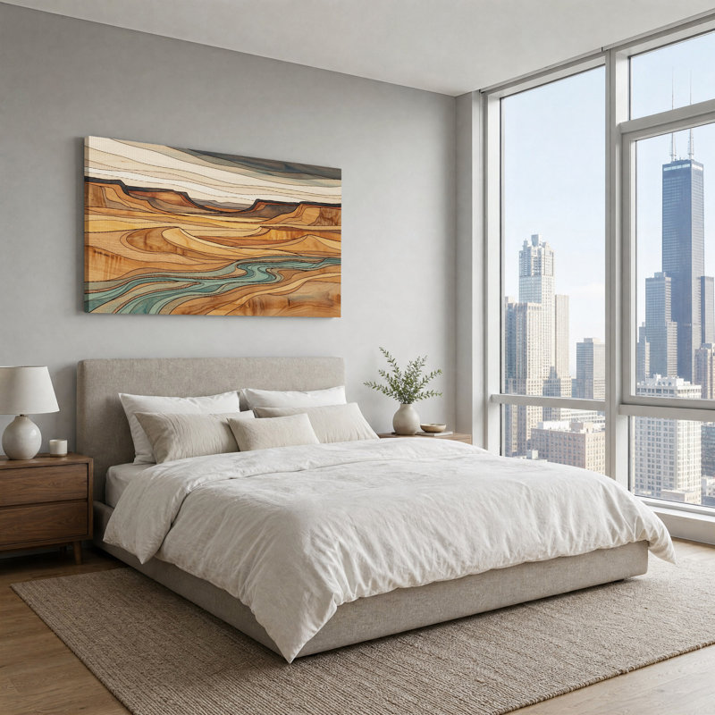 Tableau sur toile représentant un paysage de canyon aux veines de bois brunes avec une rivière turquoise, 46“W x 24”H