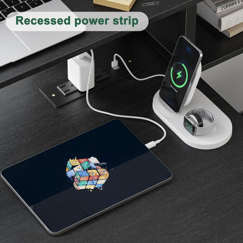 Mehalek L-Shaped Computer Desk with Power Outlet, Black