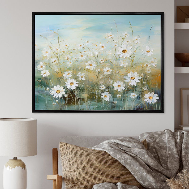 Marguerites au soleil, champ de fleurs I - Art mural champ de fleurs, Cadre flottant noir, H 34 po x l 44 po x P 0,5 po