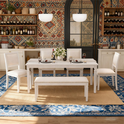 Vintage 6-Piece Extendable Dining Table Set with 4 Upholstered Chairs and Bench, 59–72
