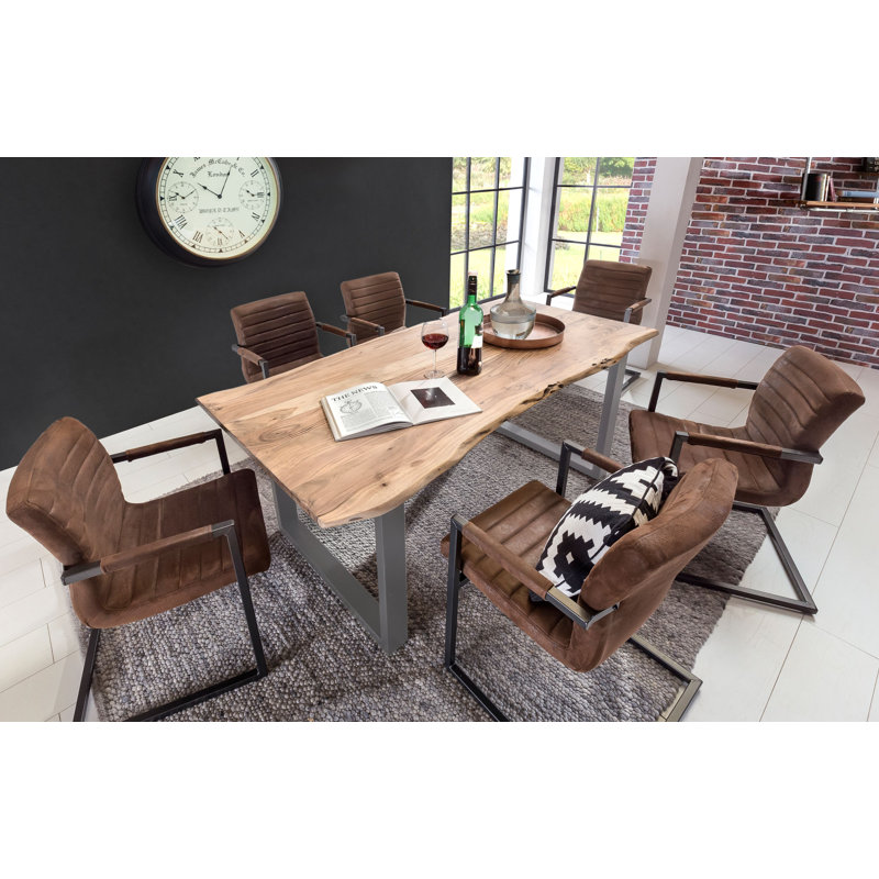 Brigham Acacia Solid Wood Dining Table, Matt brushed nickel, Walnut, 78cm H x 160cm W x 85cm L