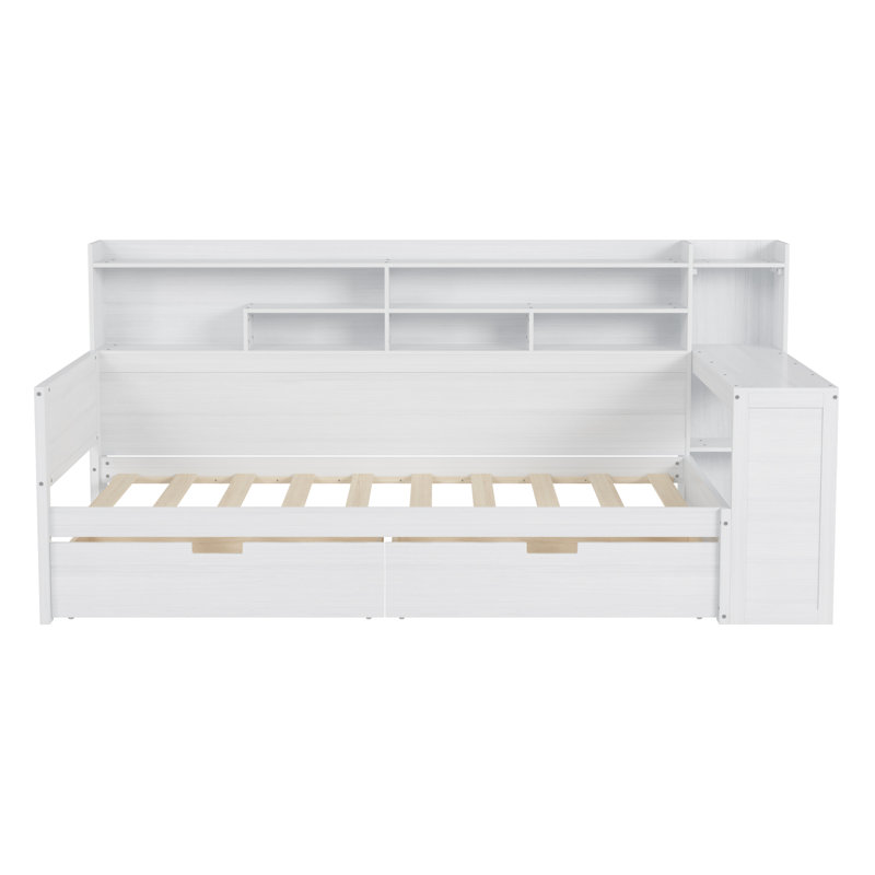Wooden Twin Size Daybed with Storage, Drawers, and Desk, Antique White