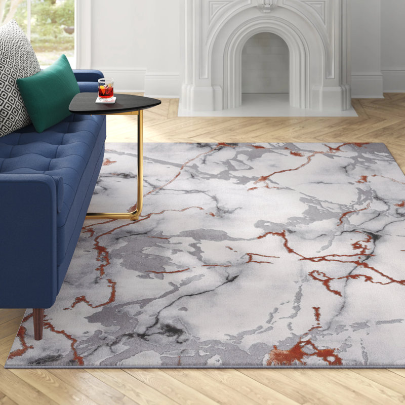 Carista Abstract Gray/Orange Area Rug, Rectangle 6'7" x 9'