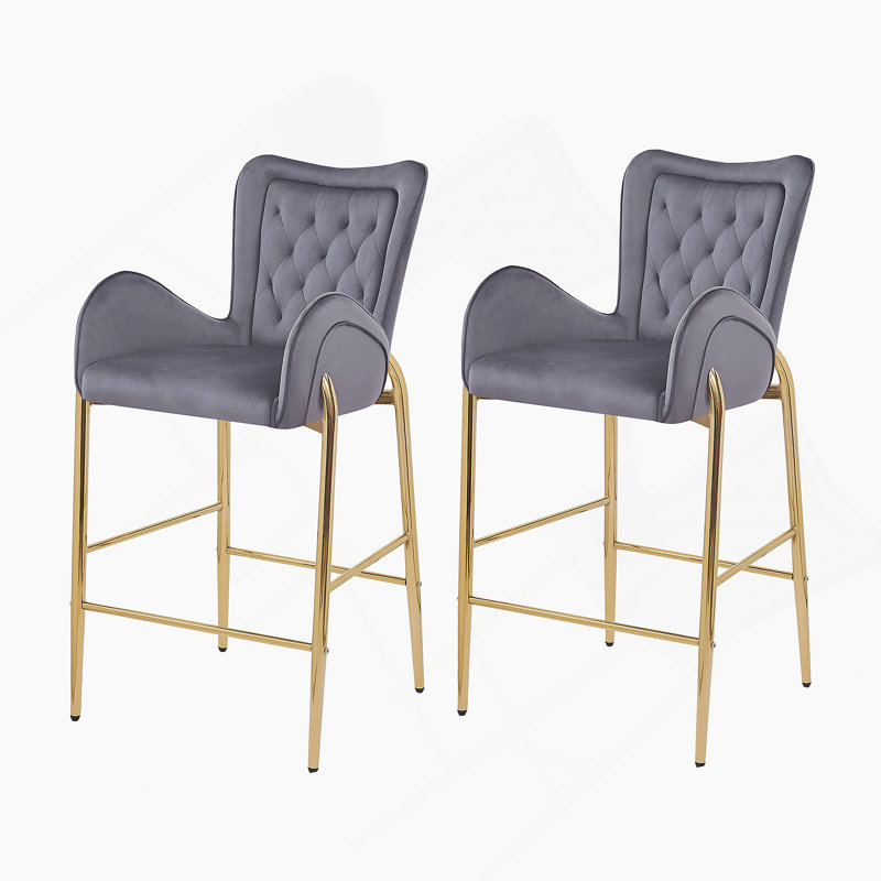Ensemble de 2 tabourets de bar à hauteur de comptoir 28,75 pouces, tabourets en velours avec pieds et repose-pieds dorés, gris