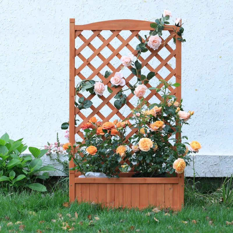 Wooden Planter Boxes with Trellises and Lockable Castors, Set of 2, Brown