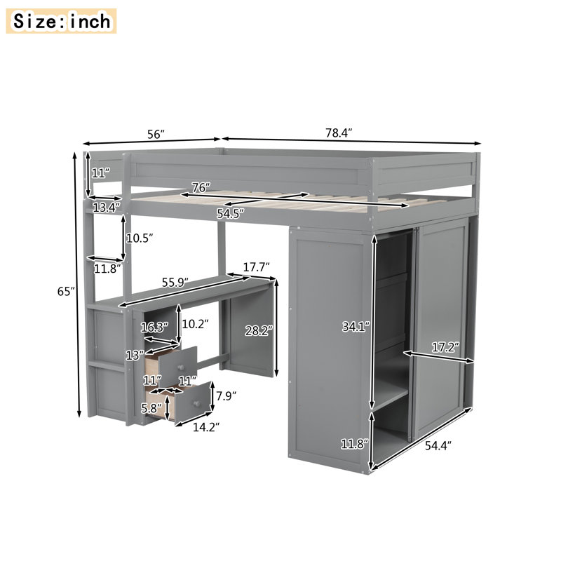 Lit mezzanine double gris avec placards et bureau à 2 tiroirs - Lit mezzanine pour enfants avec armoire et rangement