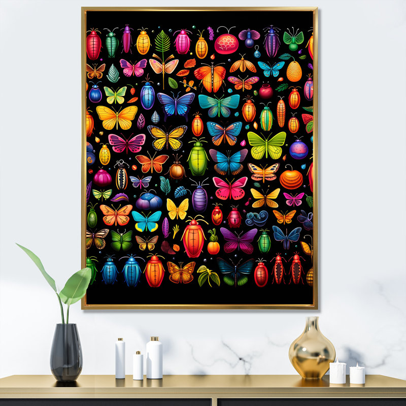 Collage coloré insectes et insectes II - art mural insectes et insectes, H 44 po x l 34 po x P 1,5 po, Cadre flottant doré