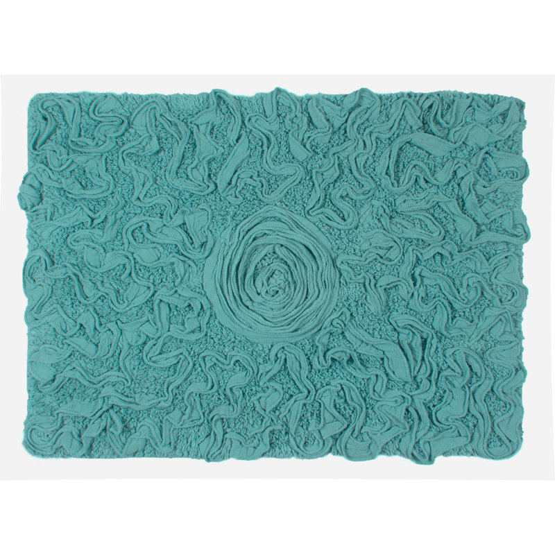 Schoenberger Floral Design Cotton Bath Rug, 24" L x 17" W, Turquoise