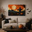 Tableau sur toile représentant un champ de citrouilles orange avec épouvantail et pleine lune pour l'Halloween-1679731204