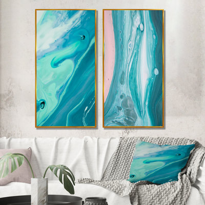 «Luxury Turquoise Marble Fluid Art II», ensemble de 2 peintures sur toiles