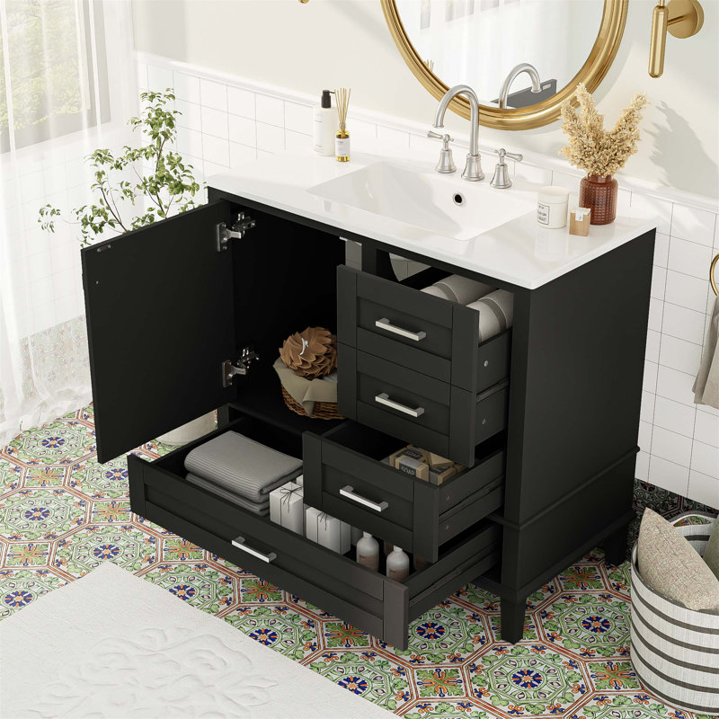 Meuble-lavabo de 36 pouces avec cadre en pin massif, porte à fermeture en douceur et 3 tiroirs pour un rangement moderne