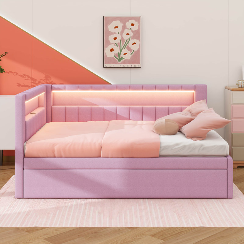 Fully Upholstered Platform Bed With USB Ports, LED Strip, And Trundle, Pink, Full/Double