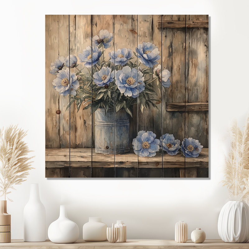 Steel Blue Peonies By The Shed I - Peonies Wood Wall Art - On Natural Pine Wood, 25" H x 25" W x 0.78" D