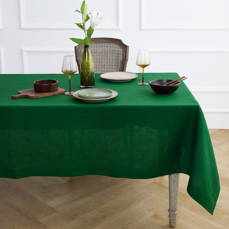100% Pure Linen Tablecloth - Fete, 144" L x 60" W, Christmas Green