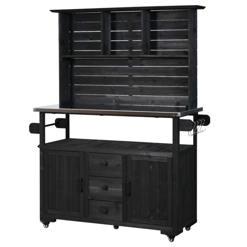 Grand banc de rempotage de jardin de 65 po de hauteur avec roues verrouillables, îlot de cuisine extérieur en bois, plateau en acier inoxydable et grand espace de rangement pour les grillades et le jardinage