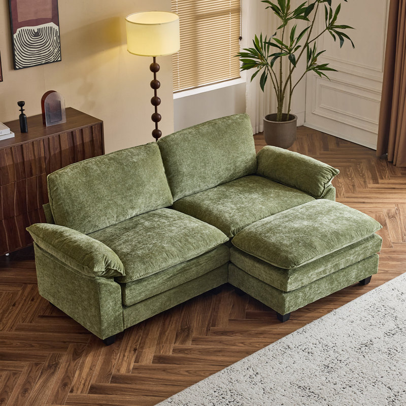 Shugar 83.2'' W Double-Layer Cushion Comfy Cloud Loveseats With One Ottoman, Green Chenille