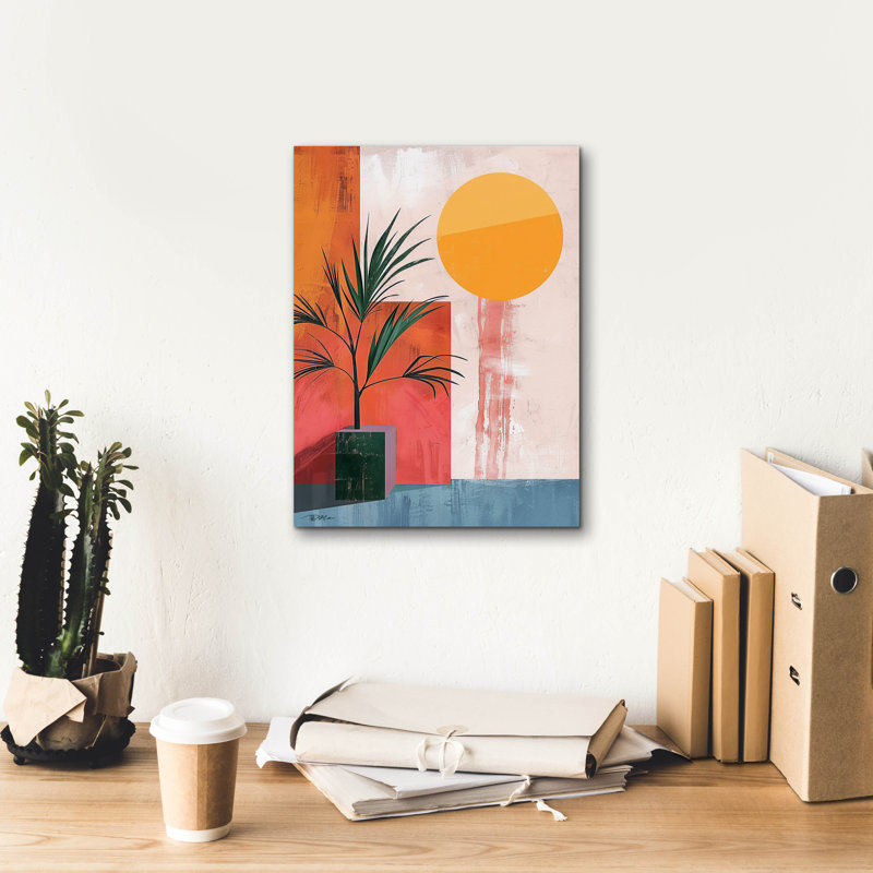 «Pink Midcentury Original Exclusive Geometric Moon And Sun 5» par Momart, art mural sur toile, H 16 po x l 12 po x P 0,75 po