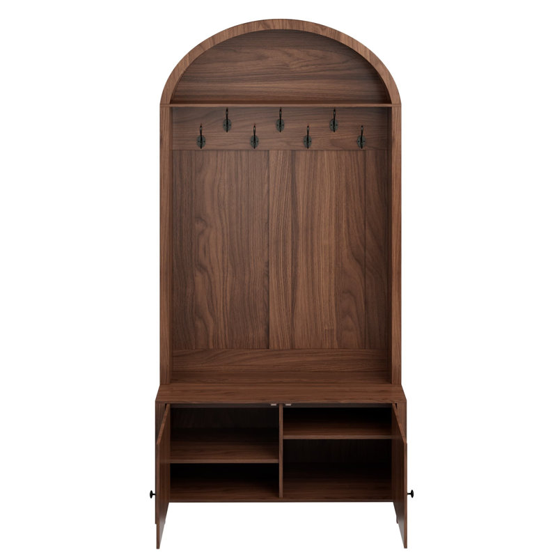Arch Hall Tree With Bench And Shoe Storage, 4-in-1 Coat Rack With 4 Hooks And 2 Fluted Doors