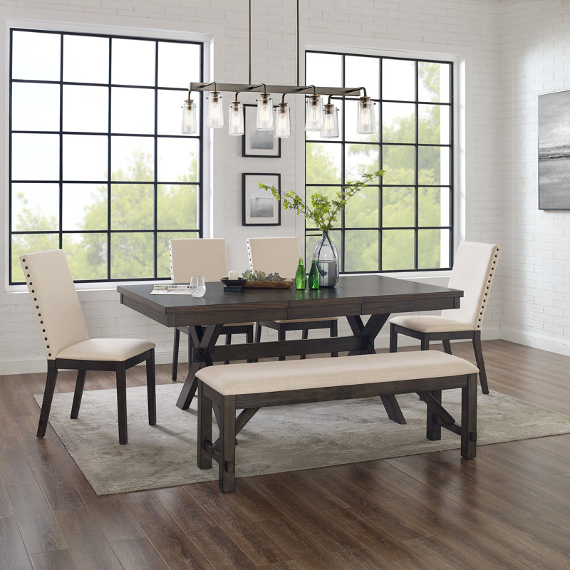 Dunblane Self Storing Leaf Dining Set, 6 Pieces: Table, Bench, 4 Chairs