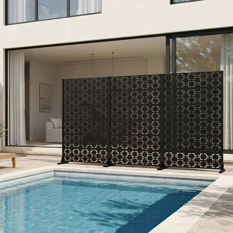 Metal Privacy Screen Fence Panel Square Pattern, Black, 183cm H x 120cm W x 40cm D