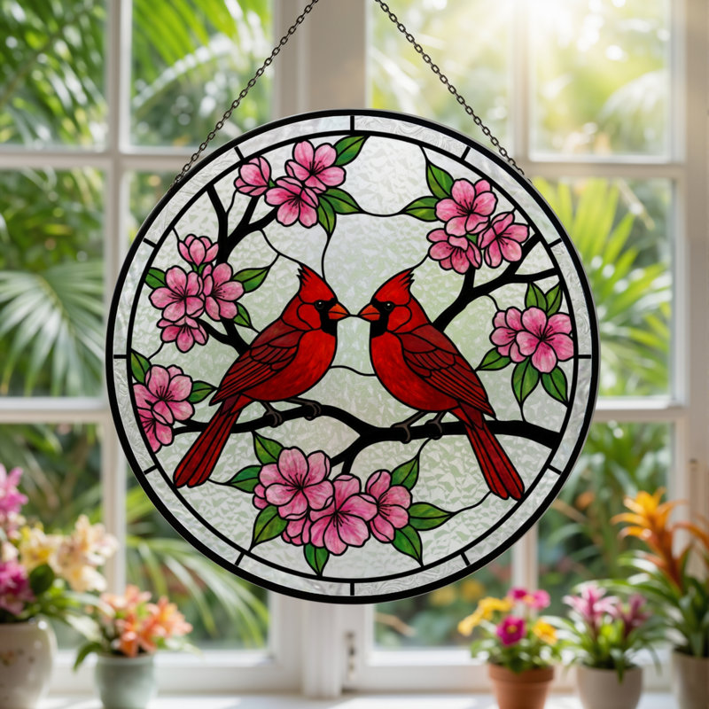 Vitrail de vitrail H 7,8 po Cardinal Blossom, H 7,8 po x l 7,8 po