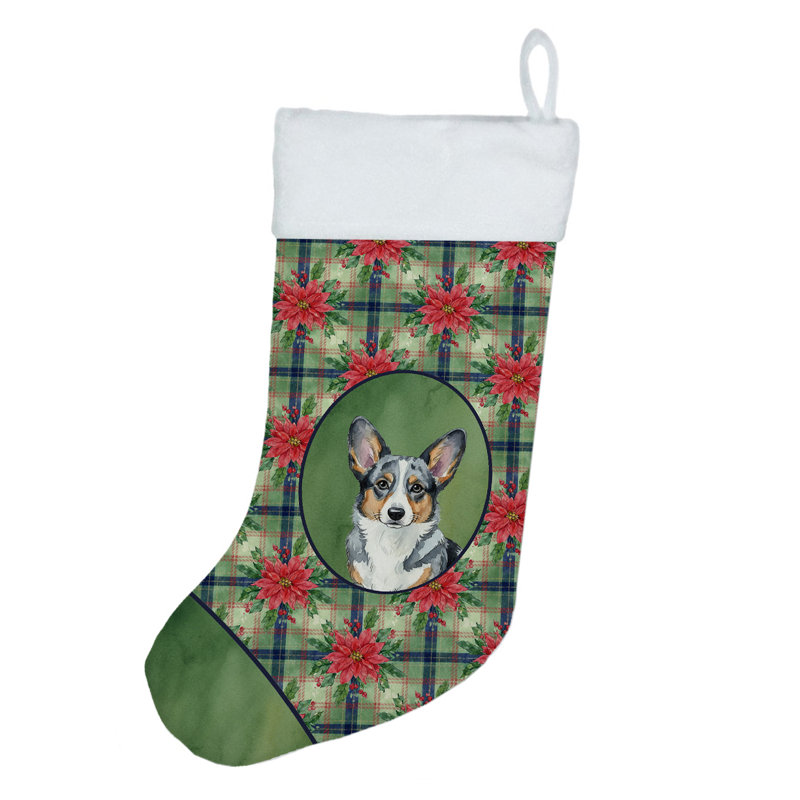 Bas de Noël bleu Merle Cardigan Welsh Corgi PoinsettIas