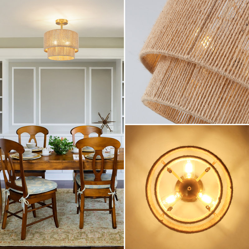 3-light Boho Light Fixtures Ceiling Mount, Rattan Semi Flush Ceiling Light With 2-tier Shade, Rustic Hand-woven Drum Light Fixture For Hallway Kitchen Foyer Farmhouse Bedroom