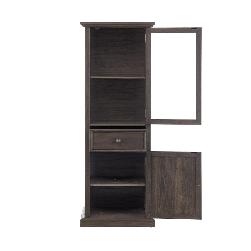 Grande armoire de rangement moderne avec portes et tablettes en verre - Buffet autoportant polyvalent avec tiroir pour le salon, la cuisine, la salle à manger et le bureau - Finition brune