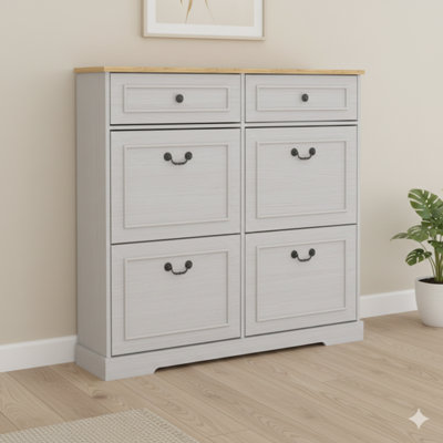 Shoe Storage Cabinet With Two Standard Drawers And Four Flip-Up Doors, Freestanding Organizer With Adjustable Shelf, Slim Design For Entryways And Foyers, Antique White Finish