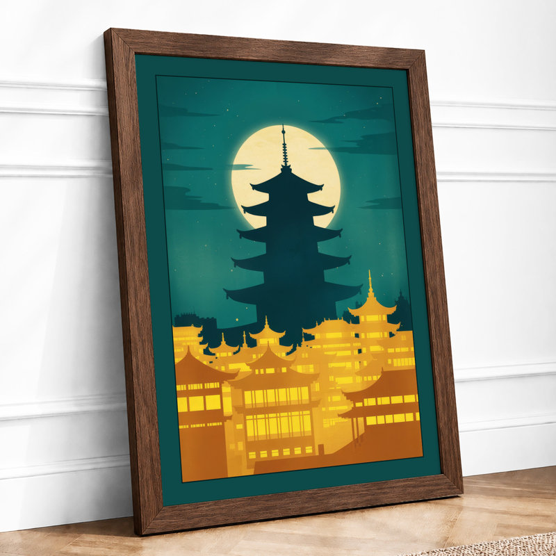 Pagoda Under Moonlight Japandi - Framed Print, A2 - 59.4 x 42.0 cm, Walnut