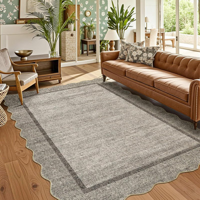 6x9 Washable Living Room Rug, Soft Scalloped Design, Non-Slip, Low Pile Neutral Carpet for Bedroom, Office, Foldable, Taupe