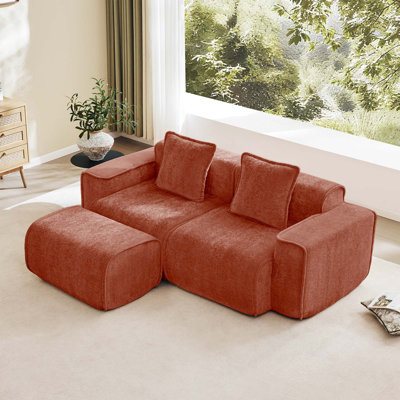 Streamlined Design Modular 2 Seat L Shape Sectional Boneless Sofa With French Edge Piping,2-Seat Sofa Couch With Throw Pillows And 1 Movable Ottoman