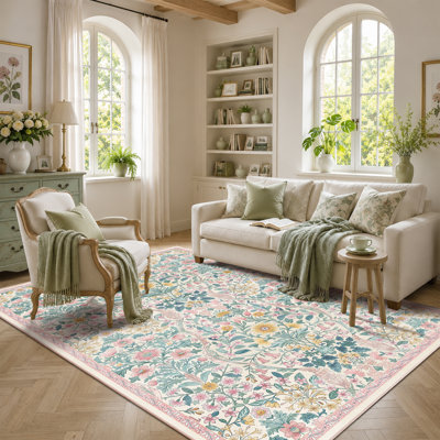 Washable Area Rug - Vintage Boho Botanical Low-Pile Rug